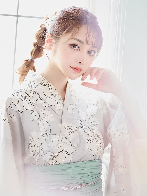 画像12: 【即日発送】グレー地にガーリー牡丹浴衣  【浴衣３点セット 浴衣/帯/下駄】[YMT] (12)