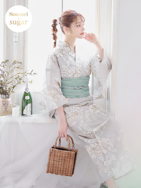 画像2: 【即日発送】グレー地にガーリー牡丹浴衣  【浴衣３点セット 浴衣/帯/下駄】[YMT] (2)