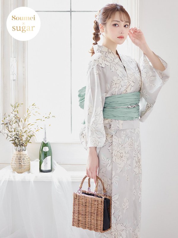 画像3: 【即日発送】グレー地にガーリー牡丹浴衣  【浴衣３点セット 浴衣/帯/下駄】[YMT] (3)