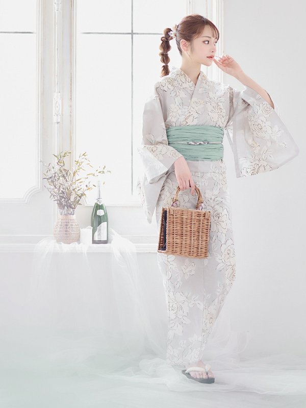 画像8: 【即日発送】グレー地にガーリー牡丹浴衣  【浴衣３点セット 浴衣/帯/下駄】[YMT] (8)