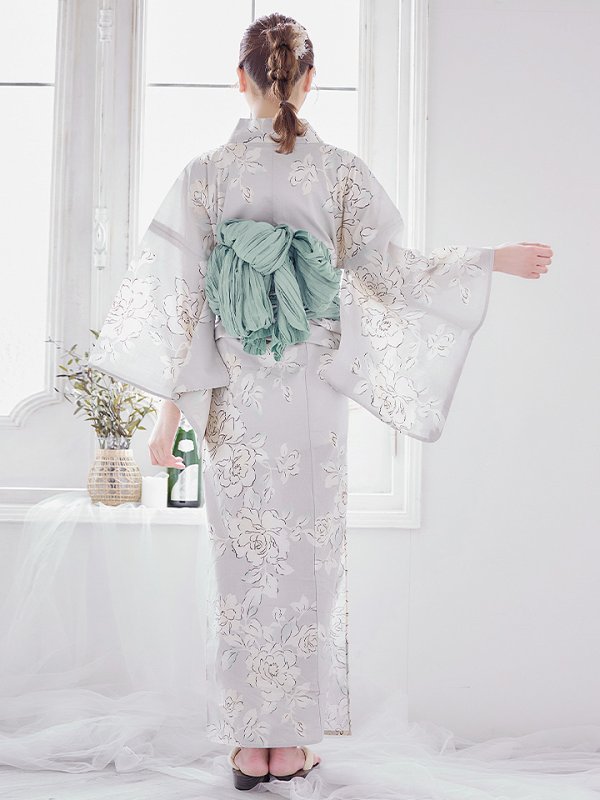 画像9: 【即日発送】グレー地にガーリー牡丹浴衣  【浴衣３点セット 浴衣/帯/下駄】[YMT] (9)