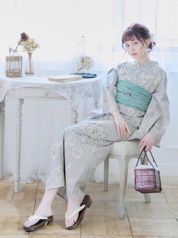 画像10: 【即日発送】グレー地にガーリー牡丹浴衣  【浴衣３点セット 浴衣/帯/下駄】[YMT] (10)