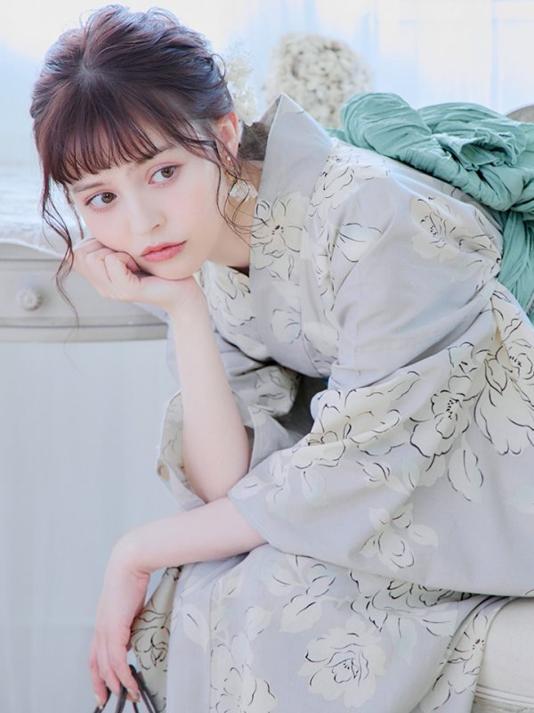 画像11: 【即日発送】グレー地にガーリー牡丹浴衣  【浴衣３点セット 浴衣/帯/下駄】[YMT] (11)