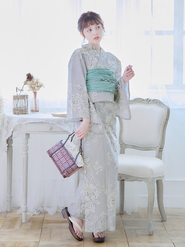 画像15: 【即日発送】グレー地にガーリー牡丹浴衣  【浴衣３点セット 浴衣/帯/下駄】[YMT] (15)