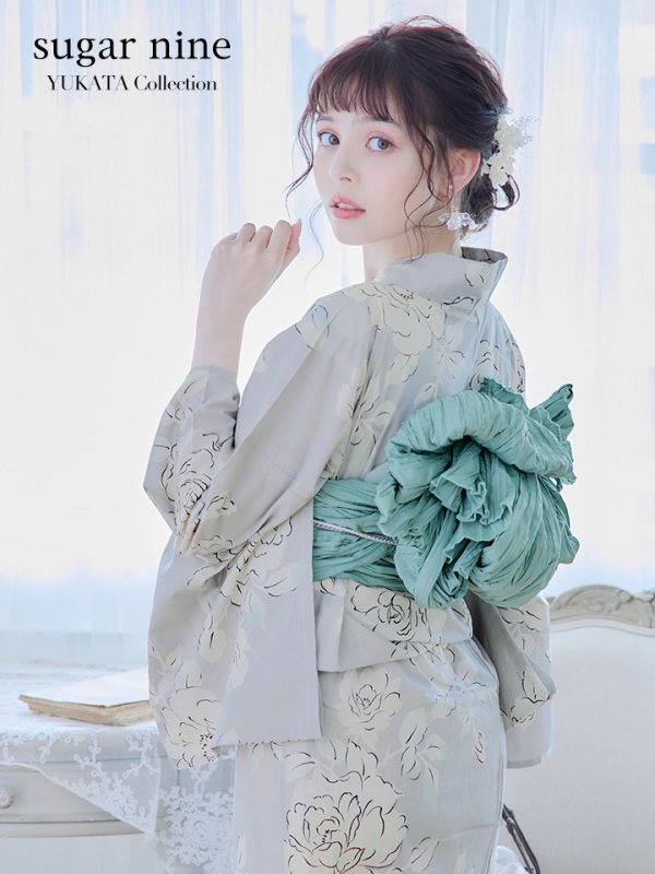 画像2: 【即日発送】グレー地にガーリー牡丹浴衣  【浴衣３点セット 浴衣/帯/下駄】[YMT] (2)