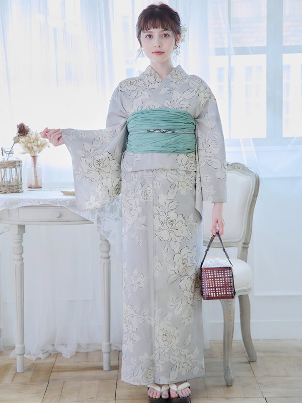 画像4: 【即日発送】グレー地にガーリー牡丹浴衣  【浴衣３点セット 浴衣/帯/下駄】[YMT] (4)