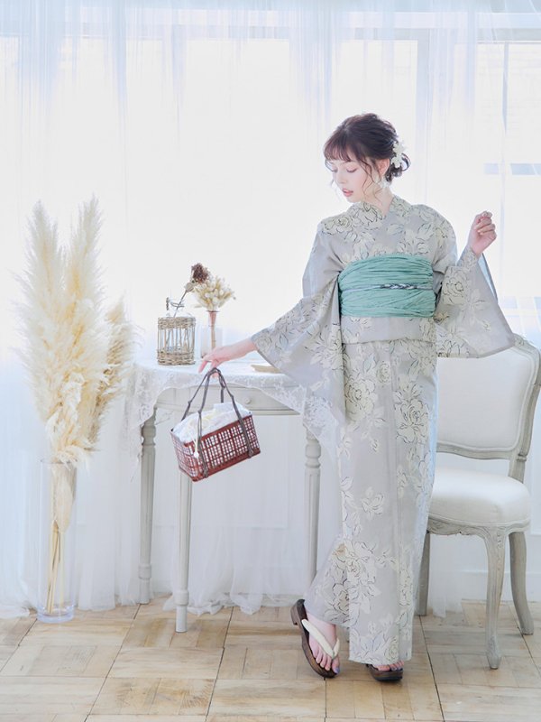 画像9: 【即日発送】グレー地にガーリー牡丹浴衣  【浴衣３点セット 浴衣/帯/下駄】[YMT] (9)