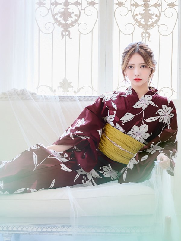 画像10: 【即日発送】【浴衣】エンジ×モダンハイビスカス浴衣【浴衣３点セット 浴衣/帯/下駄】[OF04] (10)