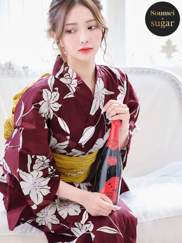 画像2: 【即日発送】【浴衣】エンジ×モダンハイビスカス浴衣【浴衣３点セット 浴衣/帯/下駄】[OF04] (2)