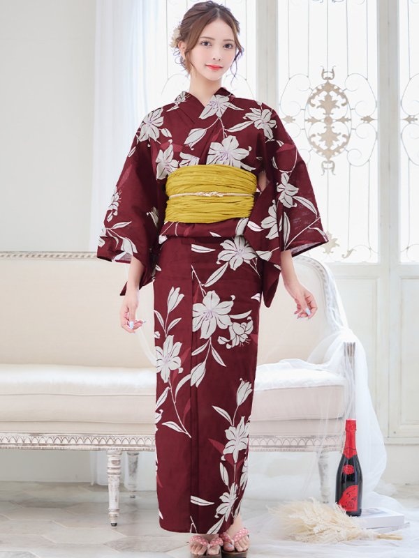 画像4: 【即日発送】【浴衣】エンジ×モダンハイビスカス浴衣【浴衣３点セット 浴衣/帯/下駄】[OF04] (4)