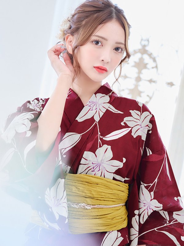 画像5: 【即日発送】【浴衣】エンジ×モダンハイビスカス浴衣【浴衣３点セット 浴衣/帯/下駄】[OF04] (5)