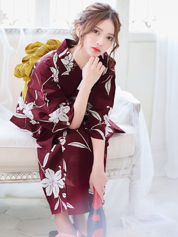 画像7: 【即日発送】【浴衣】エンジ×モダンハイビスカス浴衣【浴衣３点セット 浴衣/帯/下駄】[OF04] (7)