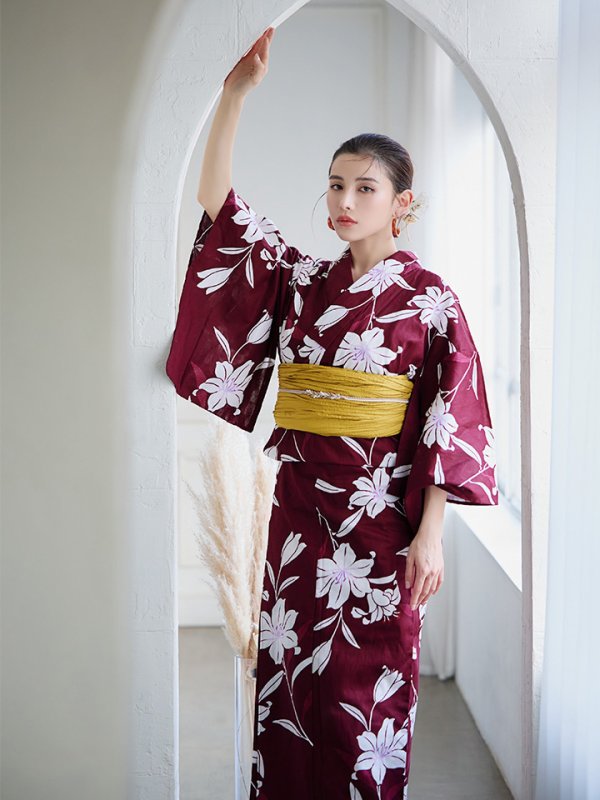 画像10: 【即日発送】【浴衣】エンジ×モダンハイビスカス浴衣【浴衣３点セット 浴衣/帯/下駄】[YMT] (10)