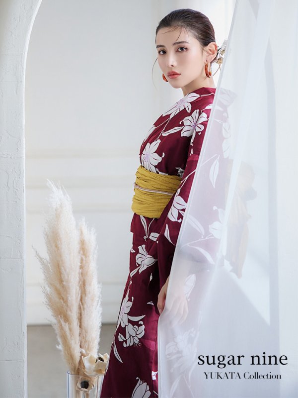 画像3: 【即日発送】【浴衣】エンジ×モダンハイビスカス浴衣【浴衣３点セット 浴衣/帯/下駄】[YMT] (3)
