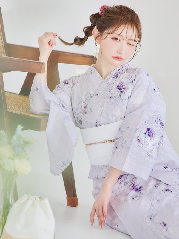 画像14: 【浴衣セール！】【即日発送】可憐なパープルxホワイト牡丹浴衣  【浴衣３点セット 浴衣/帯/下駄】[YMT] (14)