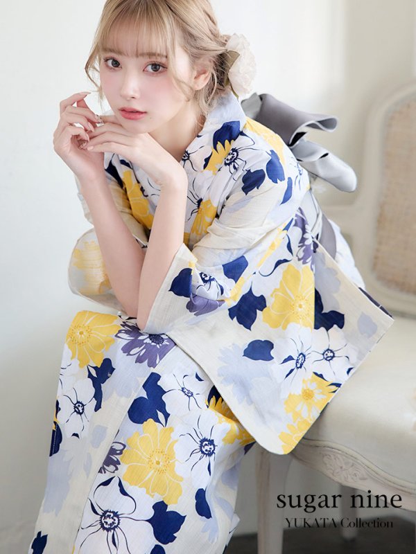 画像1: 【即日発送】【浴衣】イエローとブルーのニュアンス花柄浴衣【YMT】 (1)