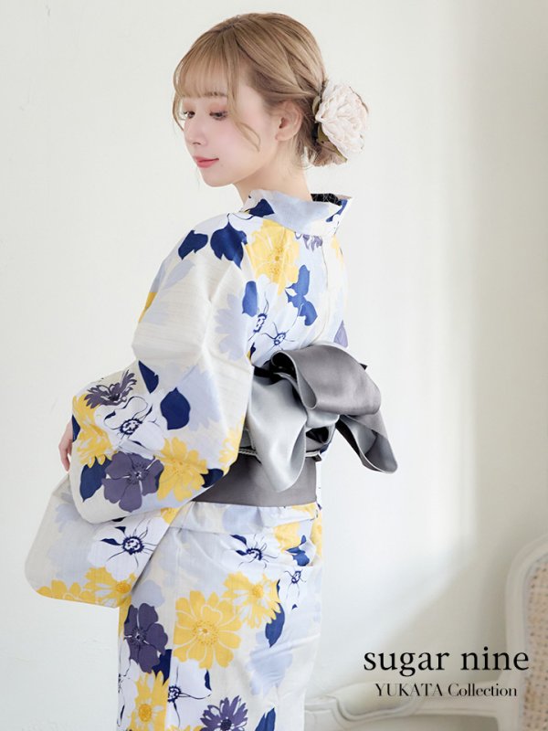 画像2: 【即日発送】【浴衣】イエローとブルーのニュアンス花柄浴衣【YMT】 (2)