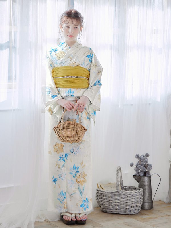 画像4: 【即日発送】ブルーとイエローのニュアンス水仙浴衣【浴衣３点セット 浴衣/帯/下駄】[YMT] (4)