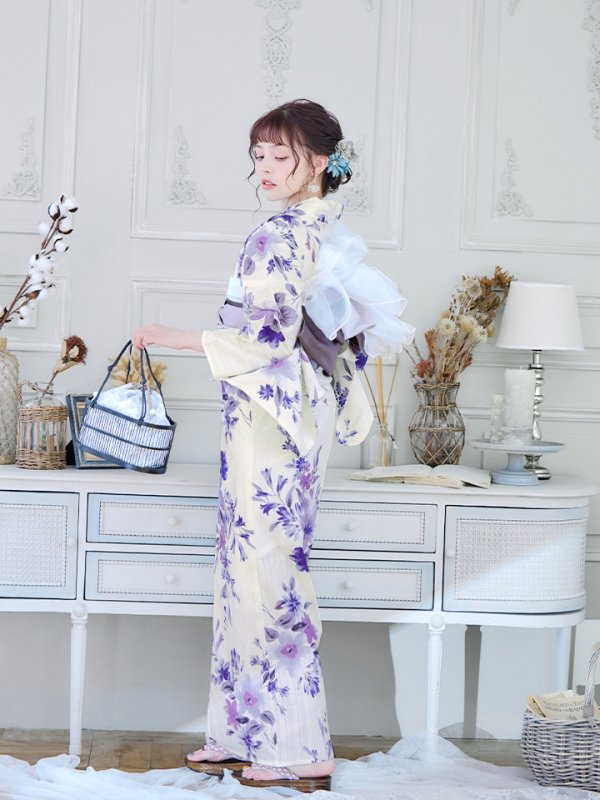 画像9: 【即日発送】白地xパープルグラデーション浴衣【浴衣３点セット 浴衣/帯/下駄】[YMT] (9)