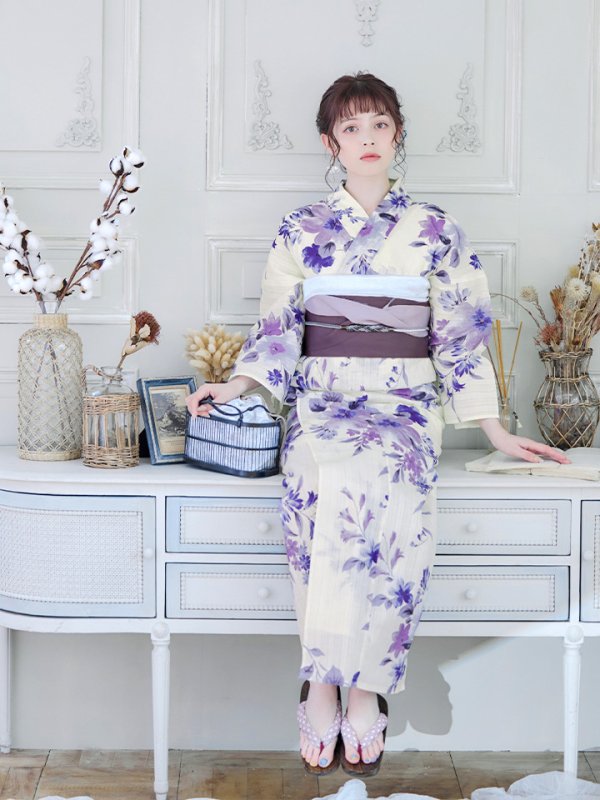 画像11: 【即日発送】白地xパープルグラデーション浴衣【浴衣３点セット 浴衣/帯/下駄】[YMT] (11)