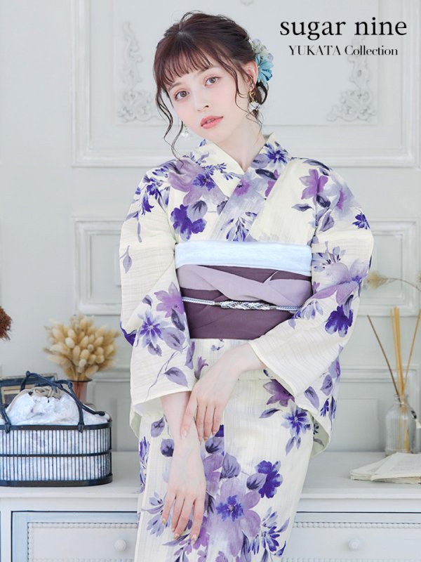画像2: 【即日発送】白地xパープルグラデーション浴衣【浴衣３点セット 浴衣/帯/下駄】[YMT] (2)