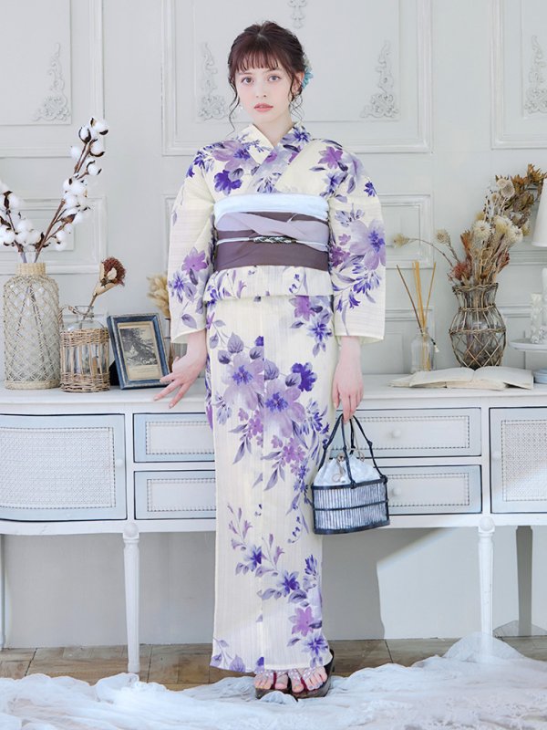 画像3: 【即日発送】白地xパープルグラデーション浴衣【浴衣３点セット 浴衣/帯/下駄】[YMT] (3)