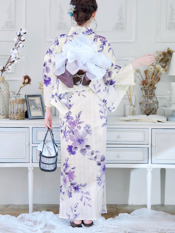 画像7: 【即日発送】白地xパープルグラデーション浴衣【浴衣３点セット 浴衣/帯/下駄】[YMT] (7)