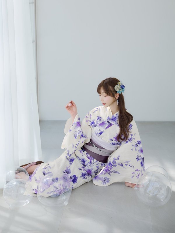 画像10: 【即日発送】白地xパープルグラデーション浴衣  【浴衣３点セット 浴衣/帯/下駄】[YMT] (10)