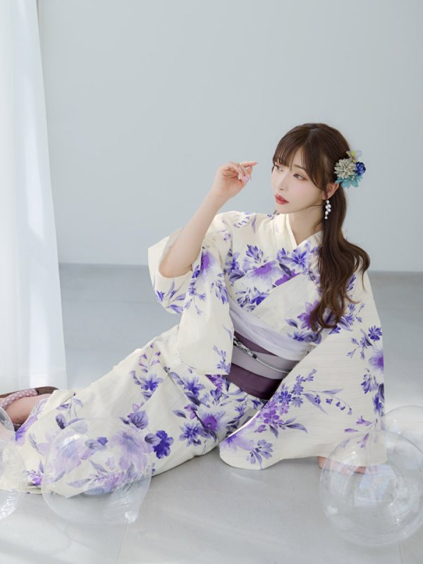 画像11: 【即日発送】白地xパープルグラデーション浴衣  【浴衣３点セット 浴衣/帯/下駄】[YMT] (11)