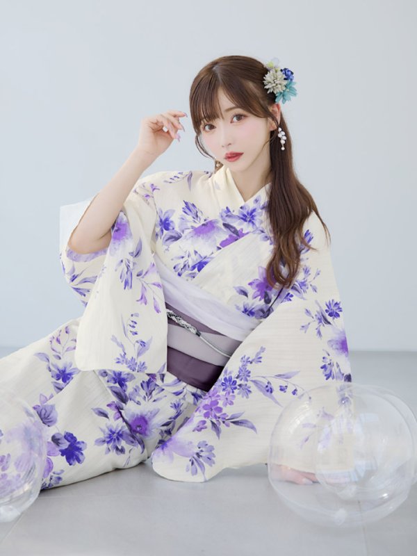 画像12: 【即日発送】白地xパープルグラデーション浴衣  【浴衣３点セット 浴衣/帯/下駄】[YMT] (12)