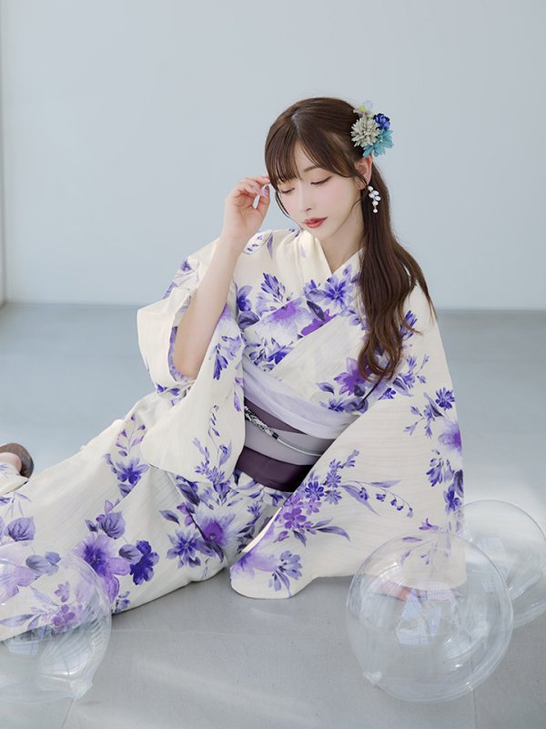 画像13: 【即日発送】白地xパープルグラデーション浴衣  【浴衣３点セット 浴衣/帯/下駄】[YMT] (13)