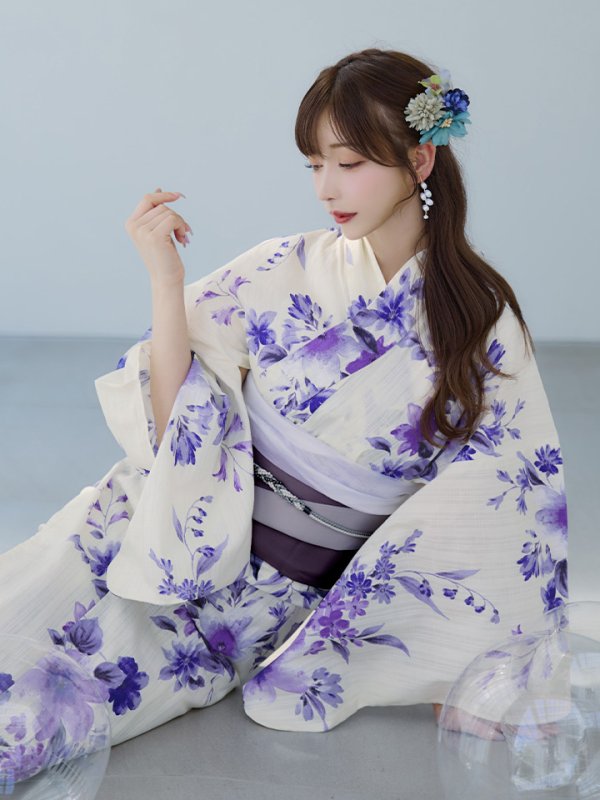 画像14: 【即日発送】白地xパープルグラデーション浴衣  【浴衣３点セット 浴衣/帯/下駄】[YMT] (14)