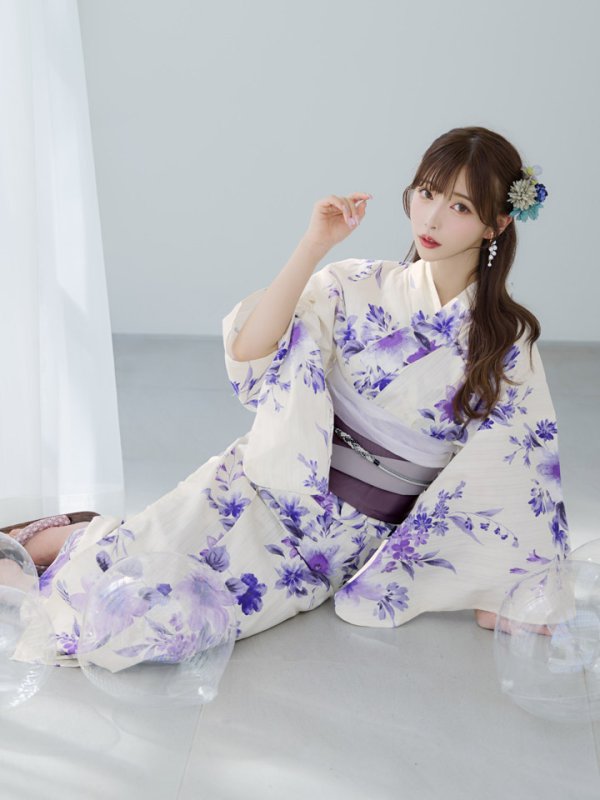 画像2: 【即日発送】白地xパープルグラデーション浴衣  【浴衣３点セット 浴衣/帯/下駄】[YMT] (2)