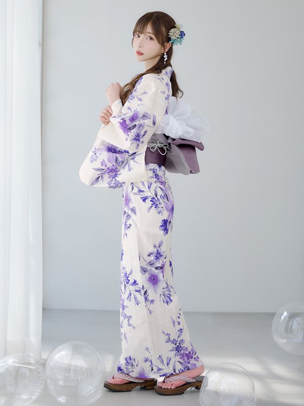 画像3: 【即日発送】白地xパープルグラデーション浴衣  【浴衣３点セット 浴衣/帯/下駄】[YMT] (3)