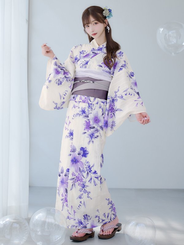 画像4: 【即日発送】白地xパープルグラデーション浴衣  【浴衣３点セット 浴衣/帯/下駄】[YMT] (4)