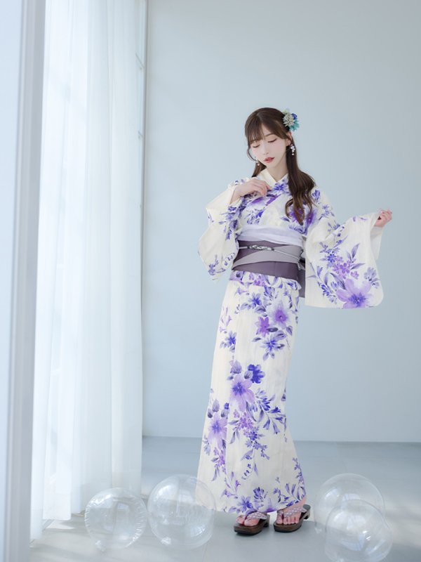 画像5: 【即日発送】白地xパープルグラデーション浴衣  【浴衣３点セット 浴衣/帯/下駄】[YMT] (5)