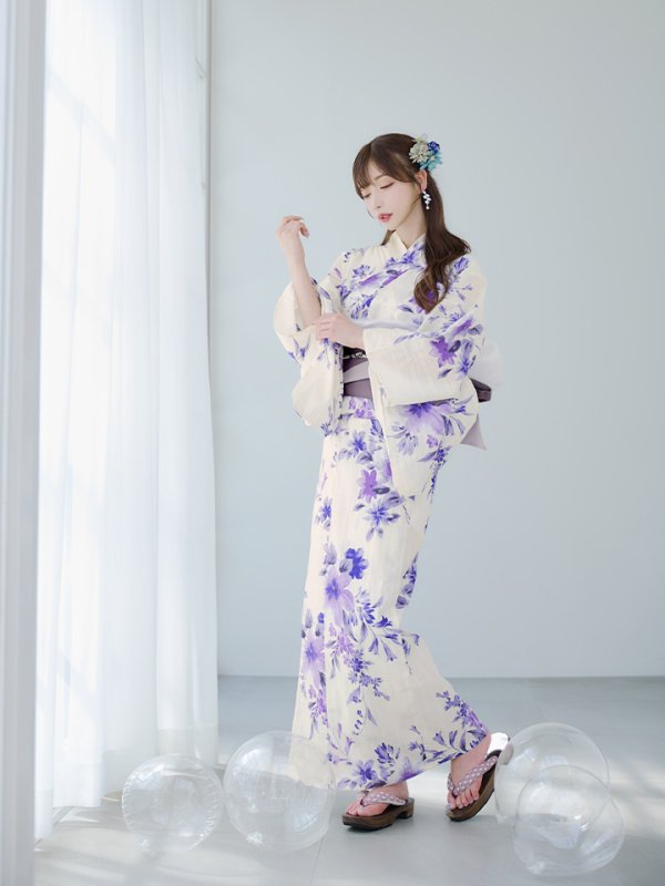 画像6: 【即日発送】白地xパープルグラデーション浴衣  【浴衣３点セット 浴衣/帯/下駄】[YMT] (6)