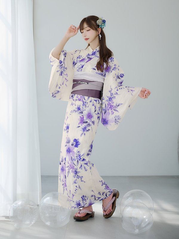 画像7: 【即日発送】白地xパープルグラデーション浴衣  【浴衣３点セット 浴衣/帯/下駄】[YMT] (7)