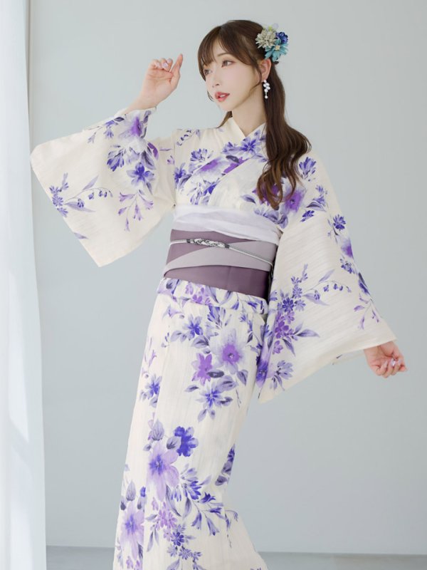画像8: 【即日発送】白地xパープルグラデーション浴衣  【浴衣３点セット 浴衣/帯/下駄】[YMT] (8)