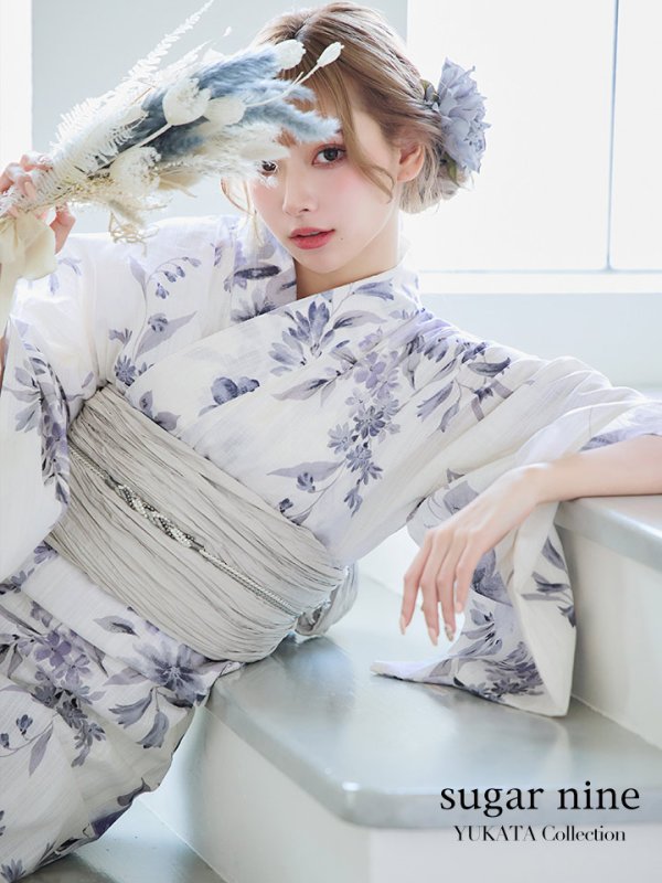 画像1: 【即日発送！】可憐なニュアンスパープル鈴蘭浴衣 OBI-siwa-202-ok-3-GY / HIMO-900-yn-4-GYxGY / YA-953-kn-BL / HEKO-800-sb-5-W / GETA-02-ok-2-IV[YMT] (1)