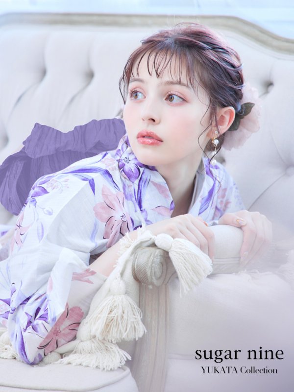 画像2: 【即日発送】パープルxピンクの百合浴衣  【浴衣３点セット 浴衣/帯/下駄】[YMT] (2)