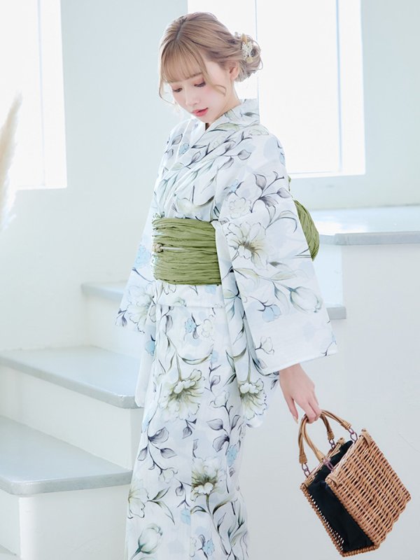 画像11: 【即日発送】水墨風イエロー×ブルー牡丹浴衣  (浴衣/帯/飾り紐/下駄4点セット)[YMT] (11)