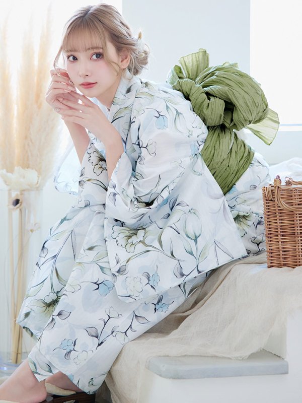 画像12: 【即日発送】水墨風イエロー×ブルー牡丹浴衣  (浴衣/帯/飾り紐/下駄4点セット)[YMT] (12)