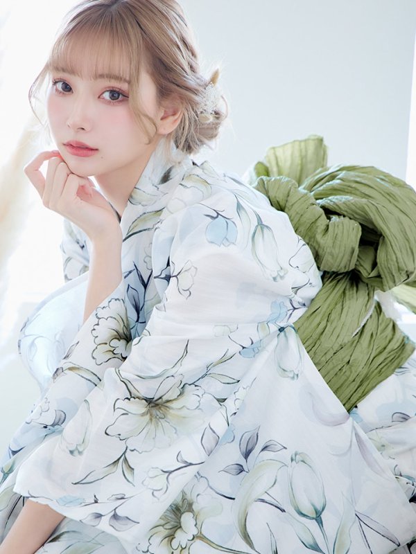 画像13: 【即日発送】水墨風イエロー×ブルー牡丹浴衣  (浴衣/帯/飾り紐/下駄4点セット)[YMT] (13)