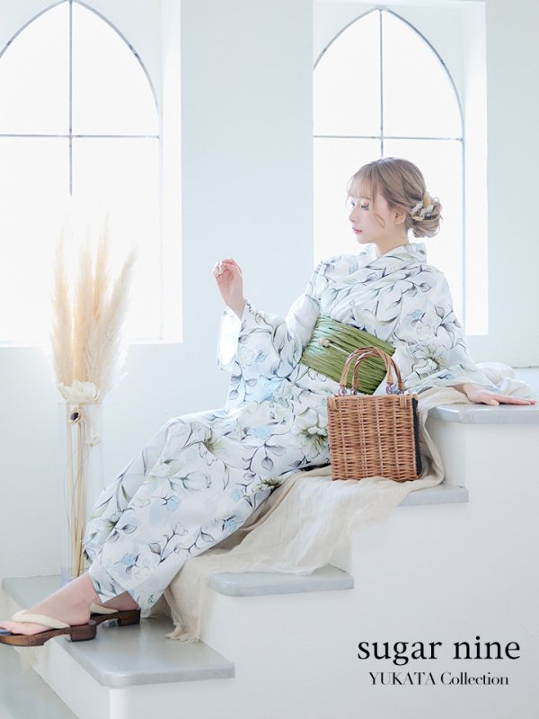 画像2: 【即日発送】水墨風イエロー×ブルー牡丹浴衣  (浴衣/帯/飾り紐/下駄4点セット)[YMT] (2)