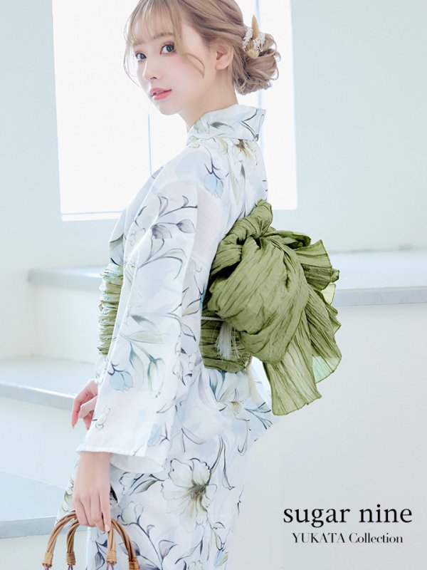 画像3: 【即日発送】水墨風イエロー×ブルー牡丹浴衣  (浴衣/帯/飾り紐/下駄4点セット)[YMT] (3)