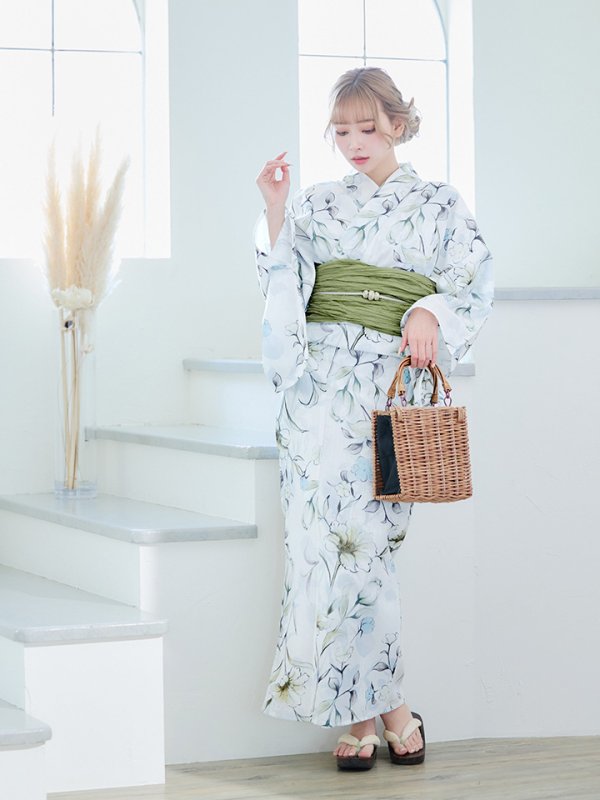 画像4: 【即日発送】水墨風イエロー×ブルー牡丹浴衣  (浴衣/帯/飾り紐/下駄4点セット)[YMT] (4)