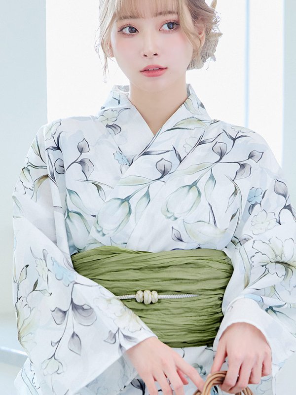 画像5: 【即日発送】水墨風イエロー×ブルー牡丹浴衣  (浴衣/帯/飾り紐/下駄4点セット)[YMT] (5)