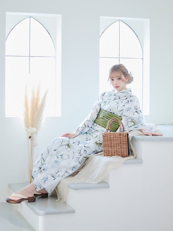 画像9: 【即日発送】水墨風イエロー×ブルー牡丹浴衣  (浴衣/帯/飾り紐/下駄4点セット)[YMT] (9)