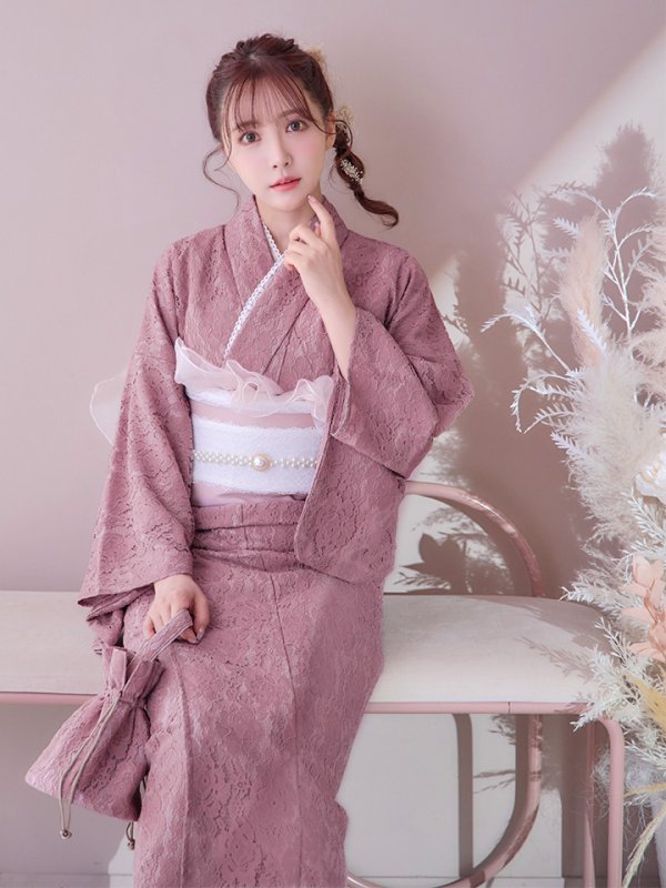 画像12: 【即日発送】ダスティピンクのレース浴衣  【浴衣３点セット 浴衣/帯/下駄】[YMT] (12)